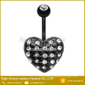 Black Plated Multi CZ Gems Paved Heart Shape Surgical Steel Belly Button Ring